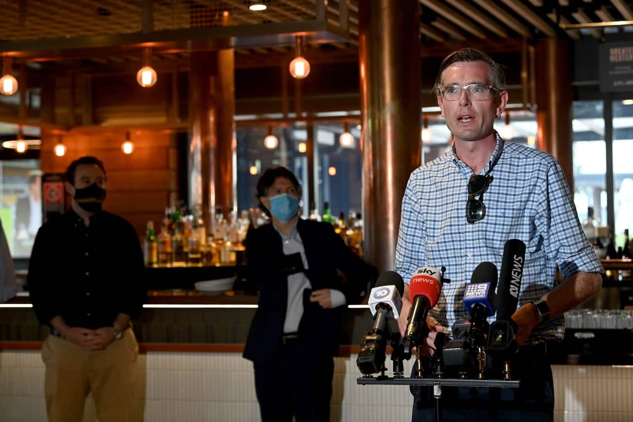 NSW Premier Dominic Perrottet speaks to the media during a press conference at the Marsden Brewhouse in Marsden Park, Sydney.
