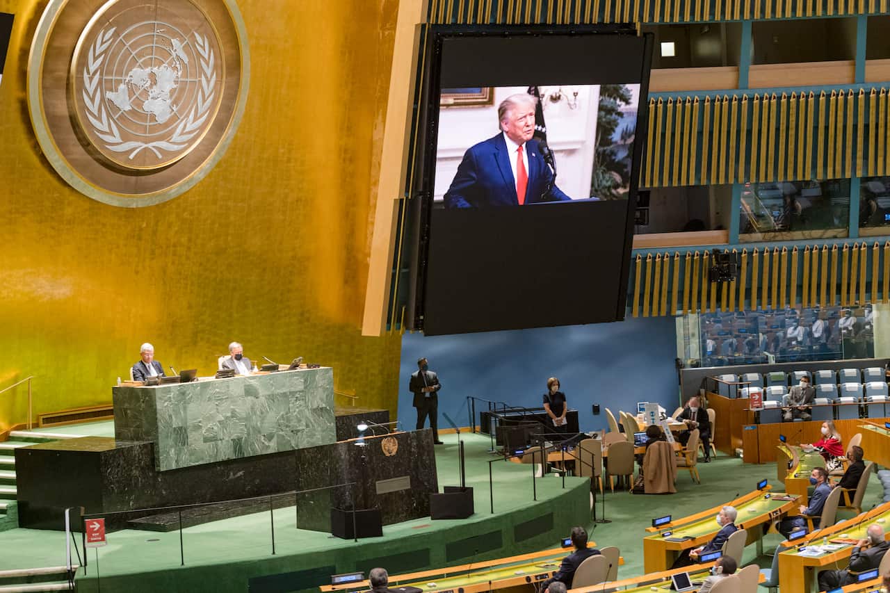 President Donald Trump addresses the UN in a pre-recorded message.