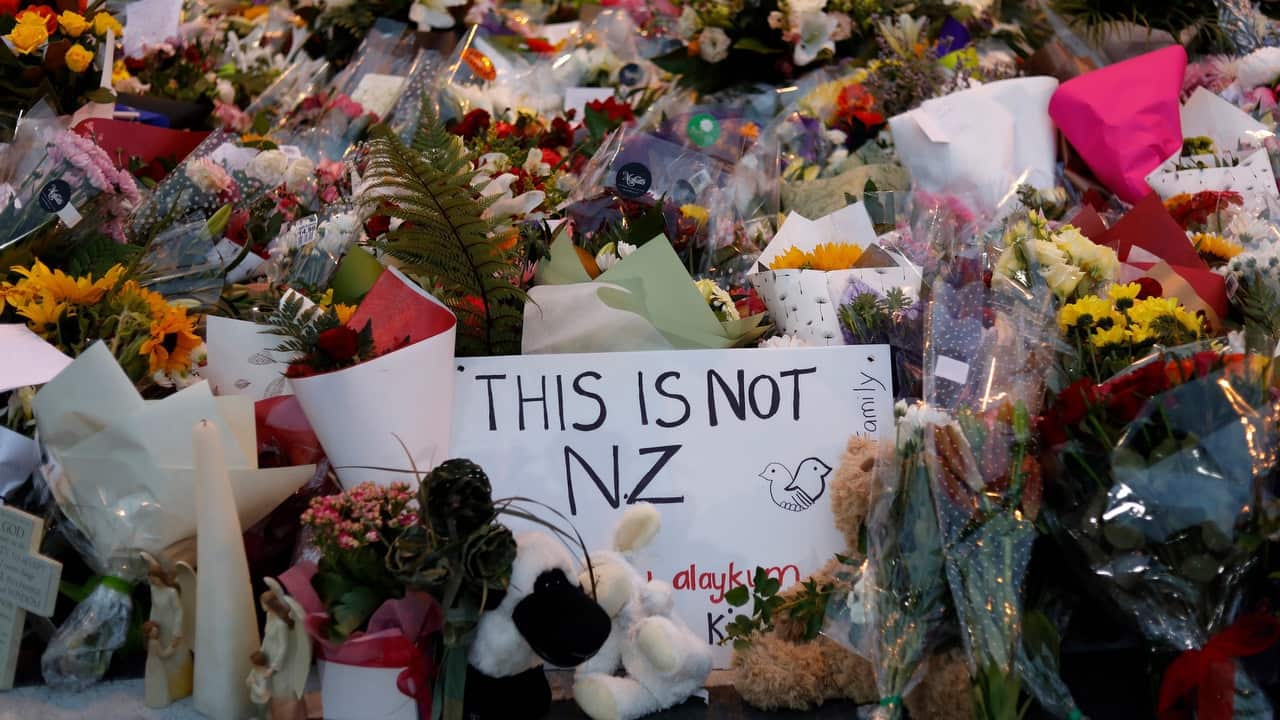 Flowers at a memorial near the Masjid Al Noor mosque for victims in the Christchurch terror attack.