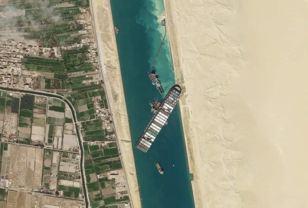 A satellite image showing the cargo ship MV Ever Given sstuck in the Suez Canal