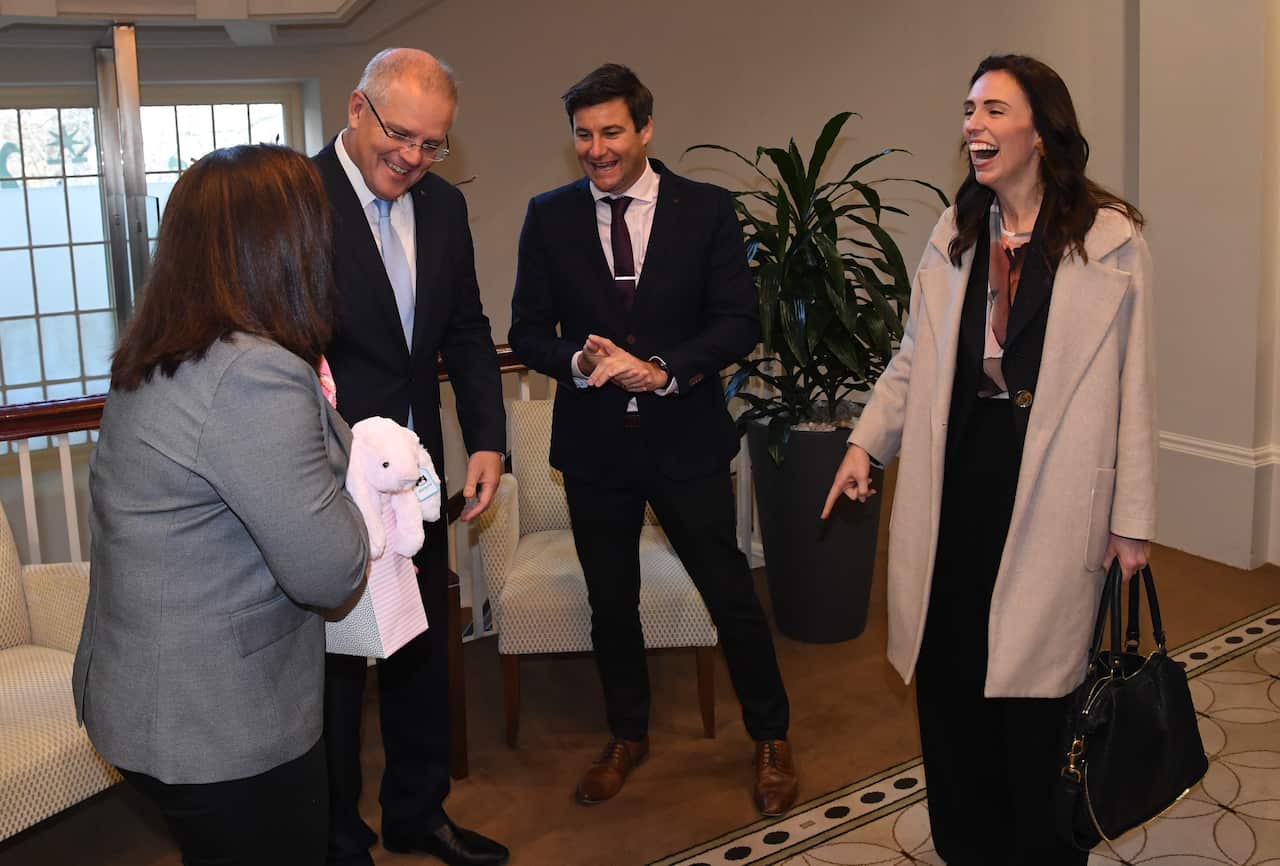 New Zealand PM Jacinda Ardern, husband Clarke Gayford with Prime Minister Scott Morrison and his wife Jenny.