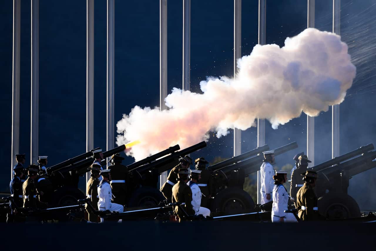 A 41-gun salute is fired to commemorate the death of Prince Philip, the Duke of Edinburgh, at Parliament House in Canberra, Saturday, 10 April, 2021. 