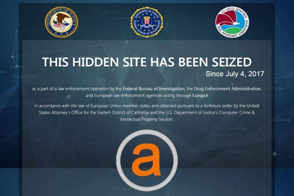 A screenshot of the page US authorities have displayed in place of the site AlphaBay.