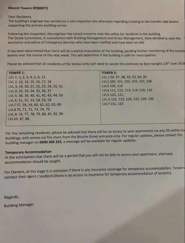 The letter residents living at the apartment received. 