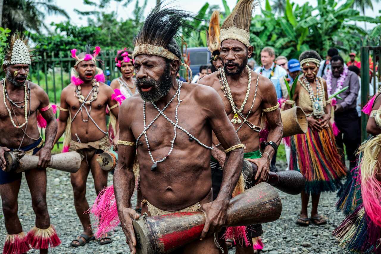 Traditional dressed locals are seen in Lae, Marobe Province, Papua New Guinea.