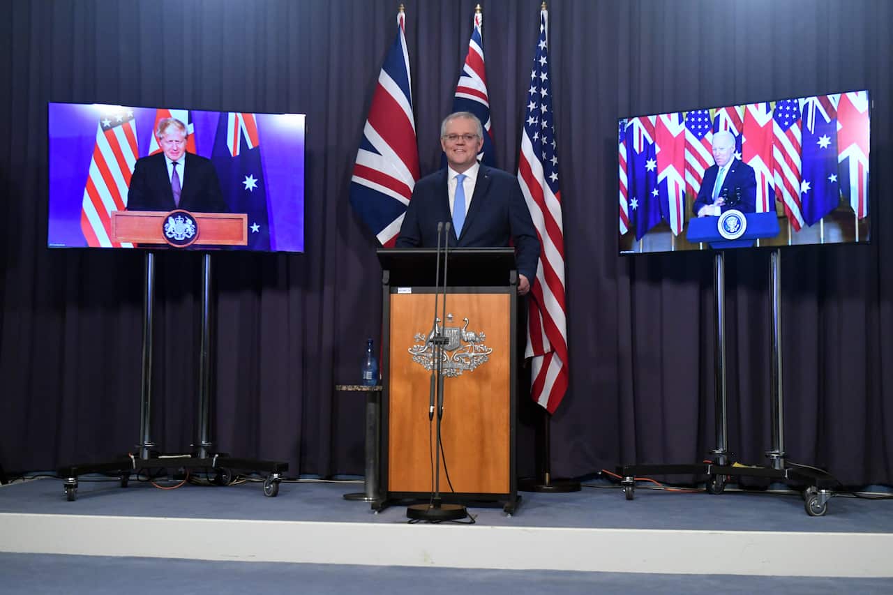 Prime Minister Scott Morrison holds a joint press conference with US President Joe Biden and British Prime Minister Boris Johnson.