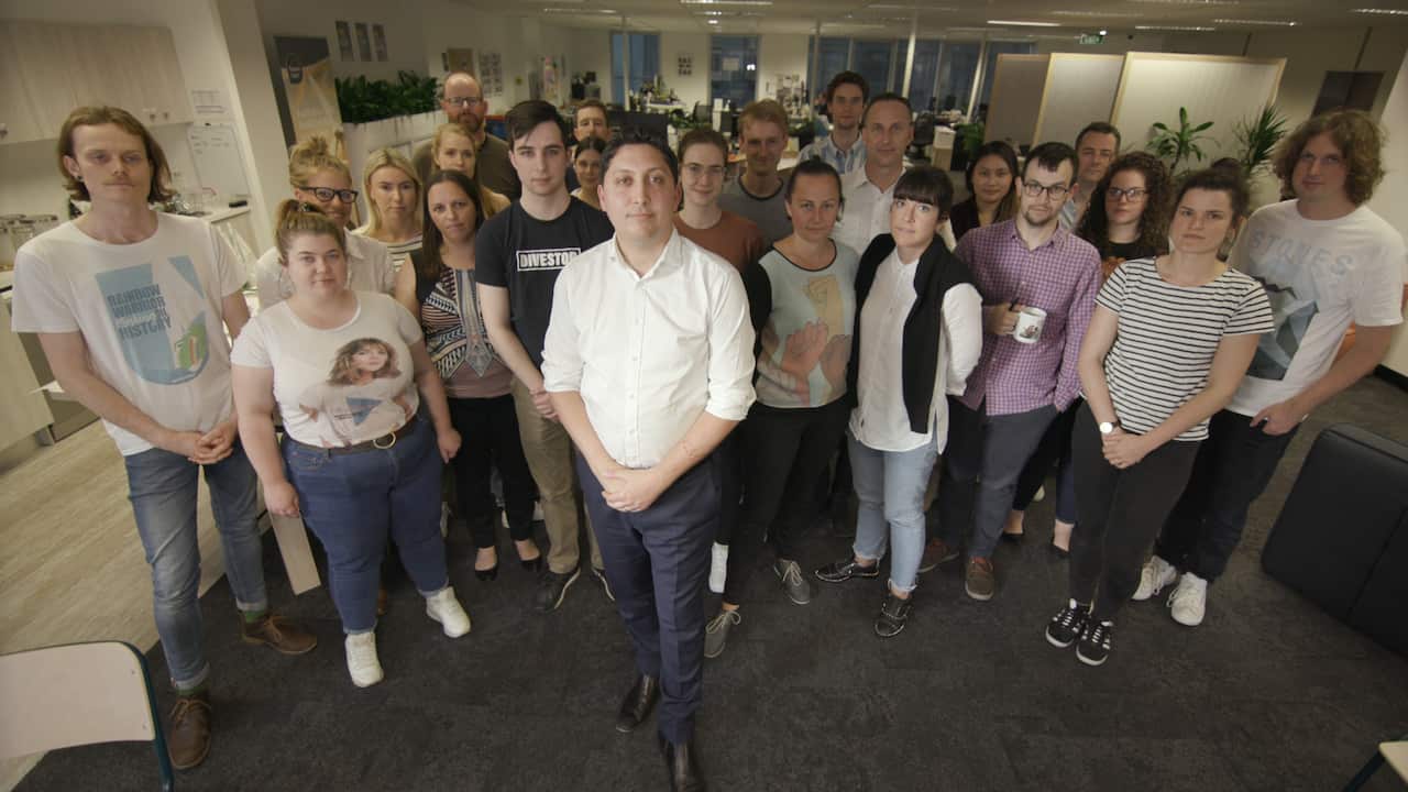 Future Super chief executive Simon Sheikh and his staff members, who will all be striking on Friday.