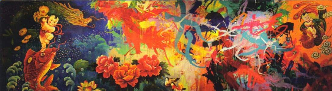 《文化相融 繁花似锦》2008年文军在墨尔本皇家理工大学艺术系与杰夫、罗维娜合作大型壁画