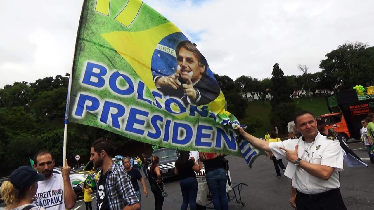 Supporters of right-wing presidential candidate Jair Bolsonaro march in Sao Paulo.