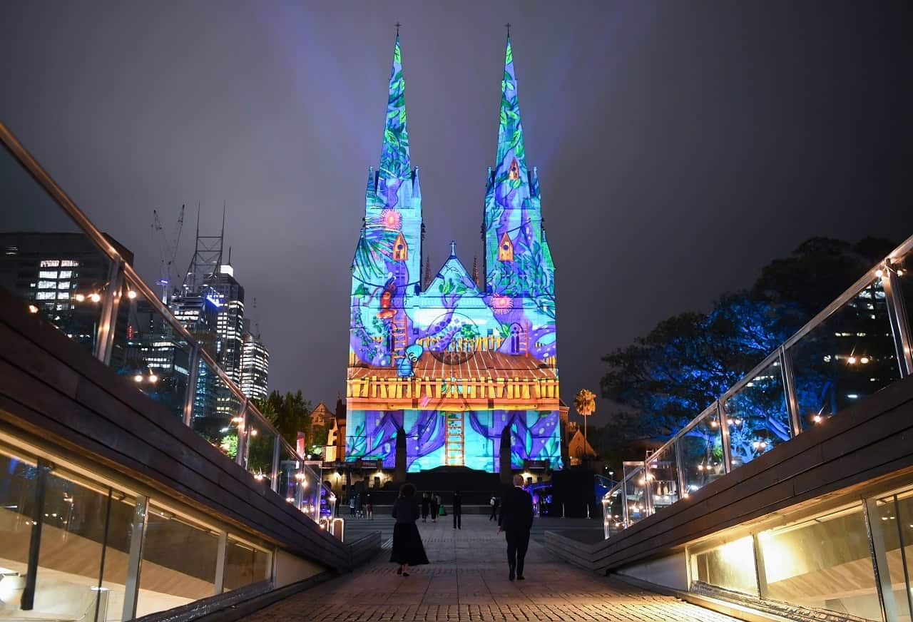 St Mary's Cathedral in Sydney lit up for Christmas.