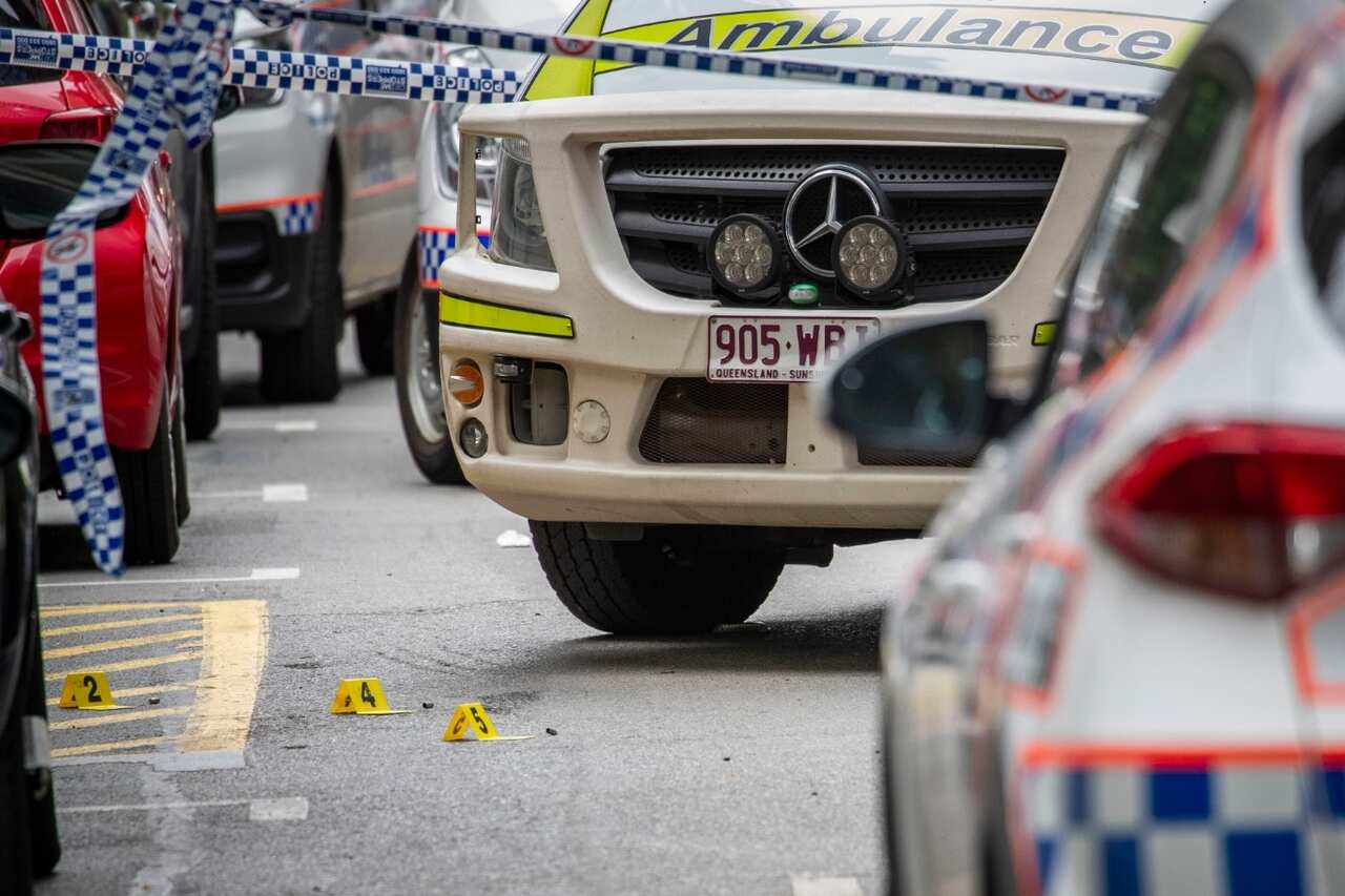 The forensic scene where police shot and killed a man outside the Westin Hotel on Mary Street in central Brisbane
