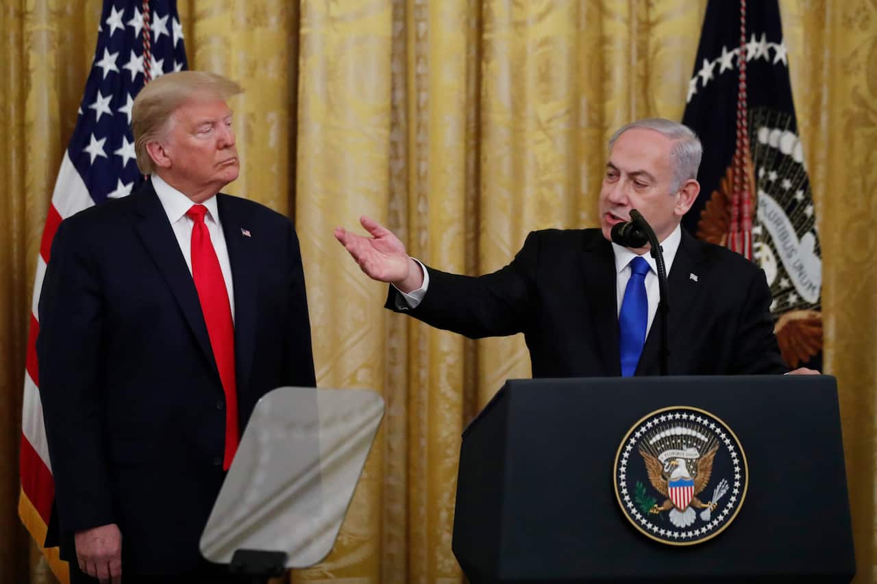 Israeli Prime Minister Benjamin Netanyahu speaks during an event announcing Donald Trump's anticipated plan to resolve the Israeli-Palestinian conflict