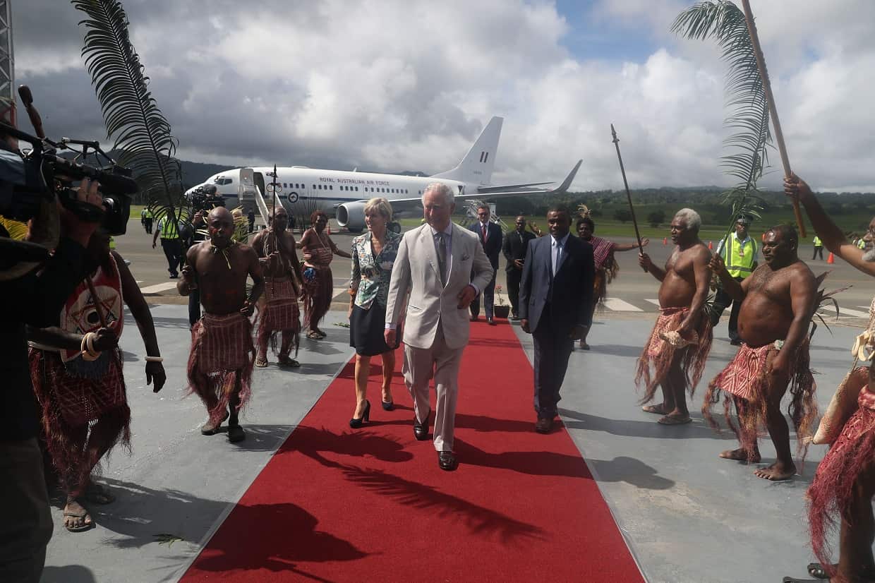 The Prince of Wales arrives in Vanuatu with Foreign Minister Julie Bishop.