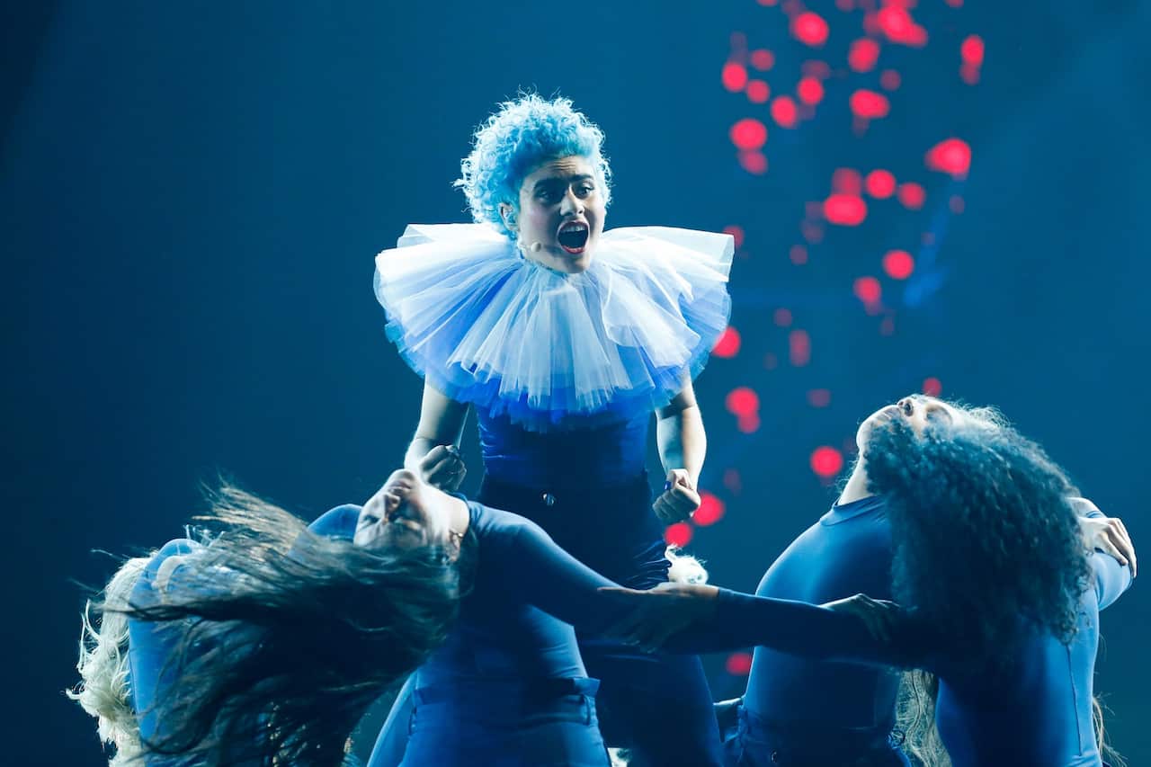 2020 Eurovision - Australia winner Montaigne performs Dont Break Me during the final at the Gold Coast Convention and Exhibition Centre on the Gold Coast, Saturday, February 8, 2020. (AAP Image/Regi Varghese) NO ARCHIVING