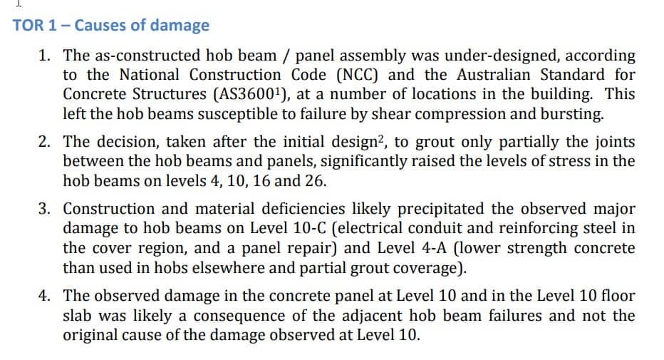 The causes of damage at Sydney's Opal Tower as summarised in the final report.