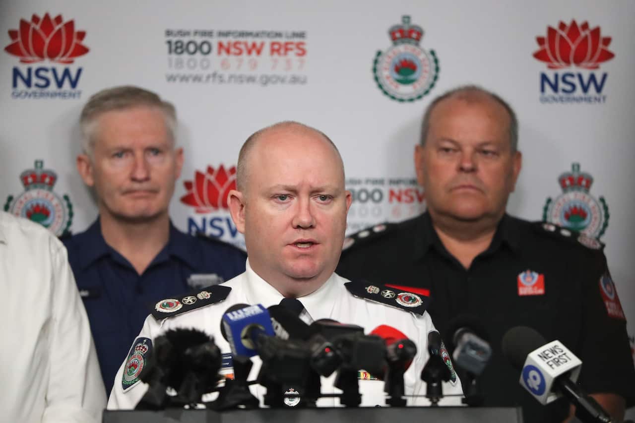 RFS Commissioner Shane Fitzsimmons speaks to the media during a press conference at the NSW Rural Fire Service (RFS) Headquarters in Sydney.