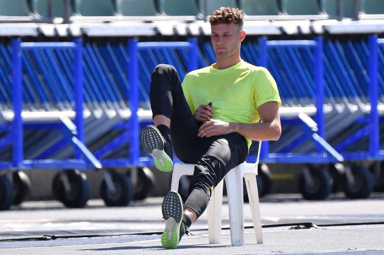 Kurtis Marschall warms up at the Australian Track and Field Championships at Sydney Olympic Park Athletics Centre in Sydney in April 2021. 