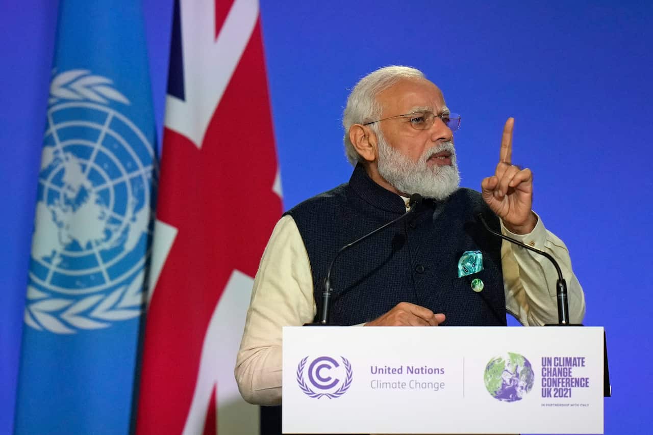 Indian Prime Minister Narendra Modi presents his national statement on day two of COP26 at SECC on 1 November, 2021 in Glasgow.
