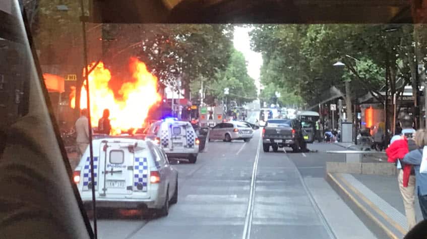 Police responding to an incident at Bourke Street Mall, Melbourne, with reports of a car going up in flames.