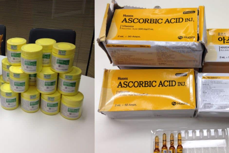 Pots of unidentified substances, ampules of ascorbic acid