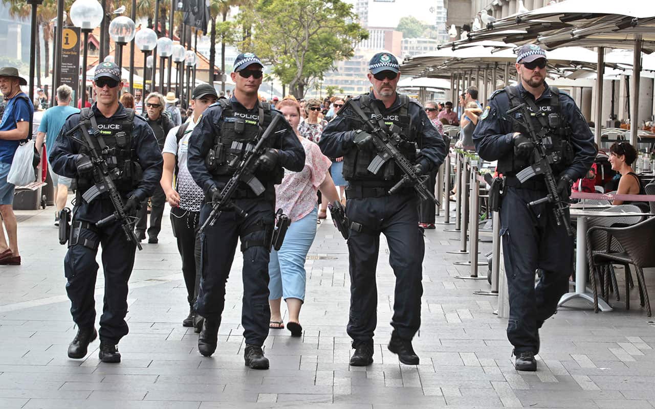 NSW riot squad police officers are seen at Circular Quay in Sydney, Monday, December 18, 2017.