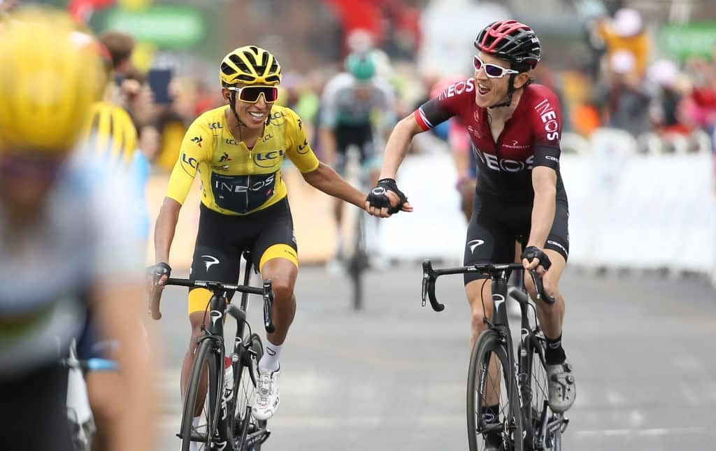 Geraint Thomas celebrates his team-mate Egan Bernal's historic victory at Tour de France 2019