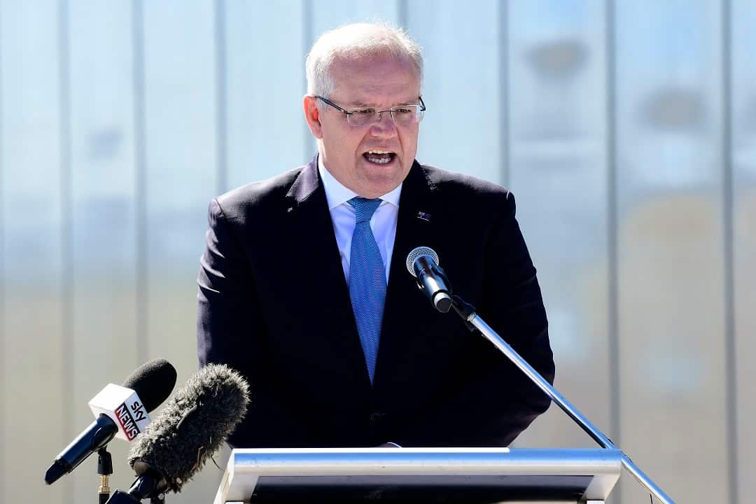 Prime Minister Scott Morrison gives a speech during the official opening of the Western Sydney International Experience Centre, Luddenham, NSW, Monday, September 2, 2019. ( AAP Image/Bianca De Marchi) NO ARCHIVING