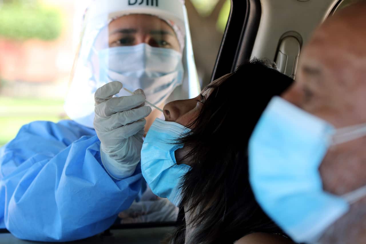 A person undergoes a PCR or nasal antigen test, in Santa Cruz, Bolivia