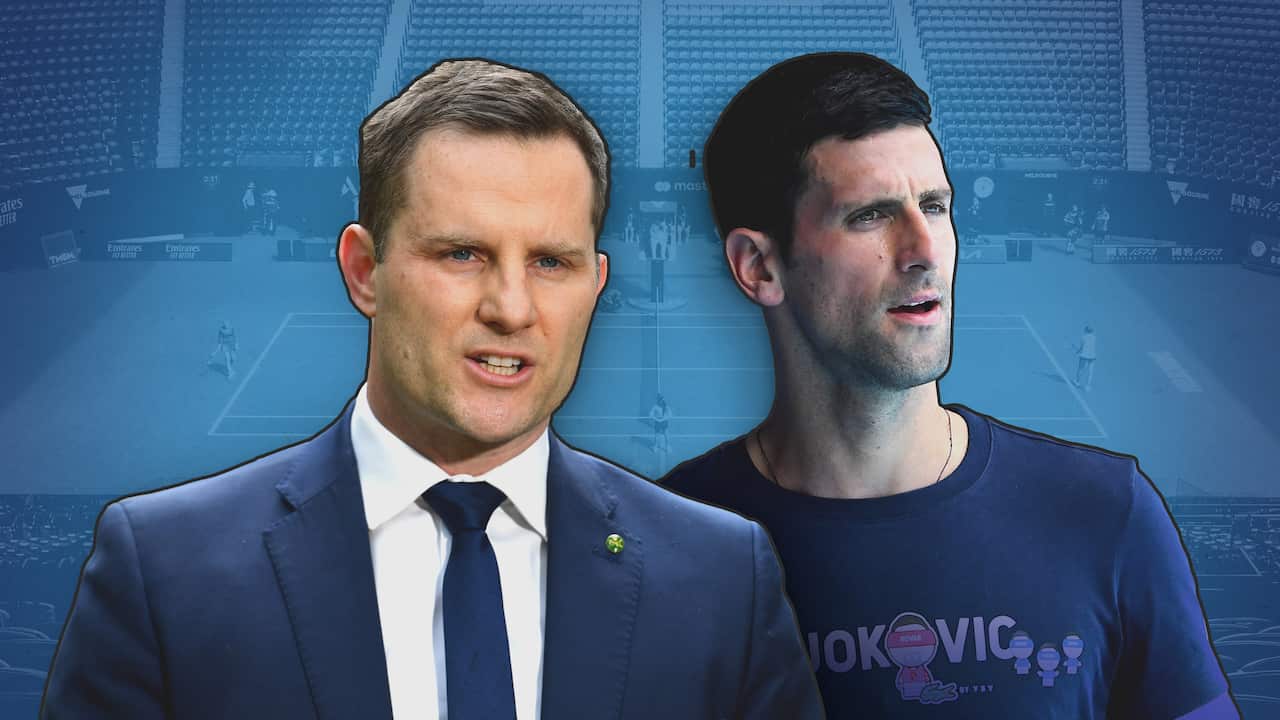 Immigration Minister Alex Hawke (L) and tennis player Novak Djokovic (R).
