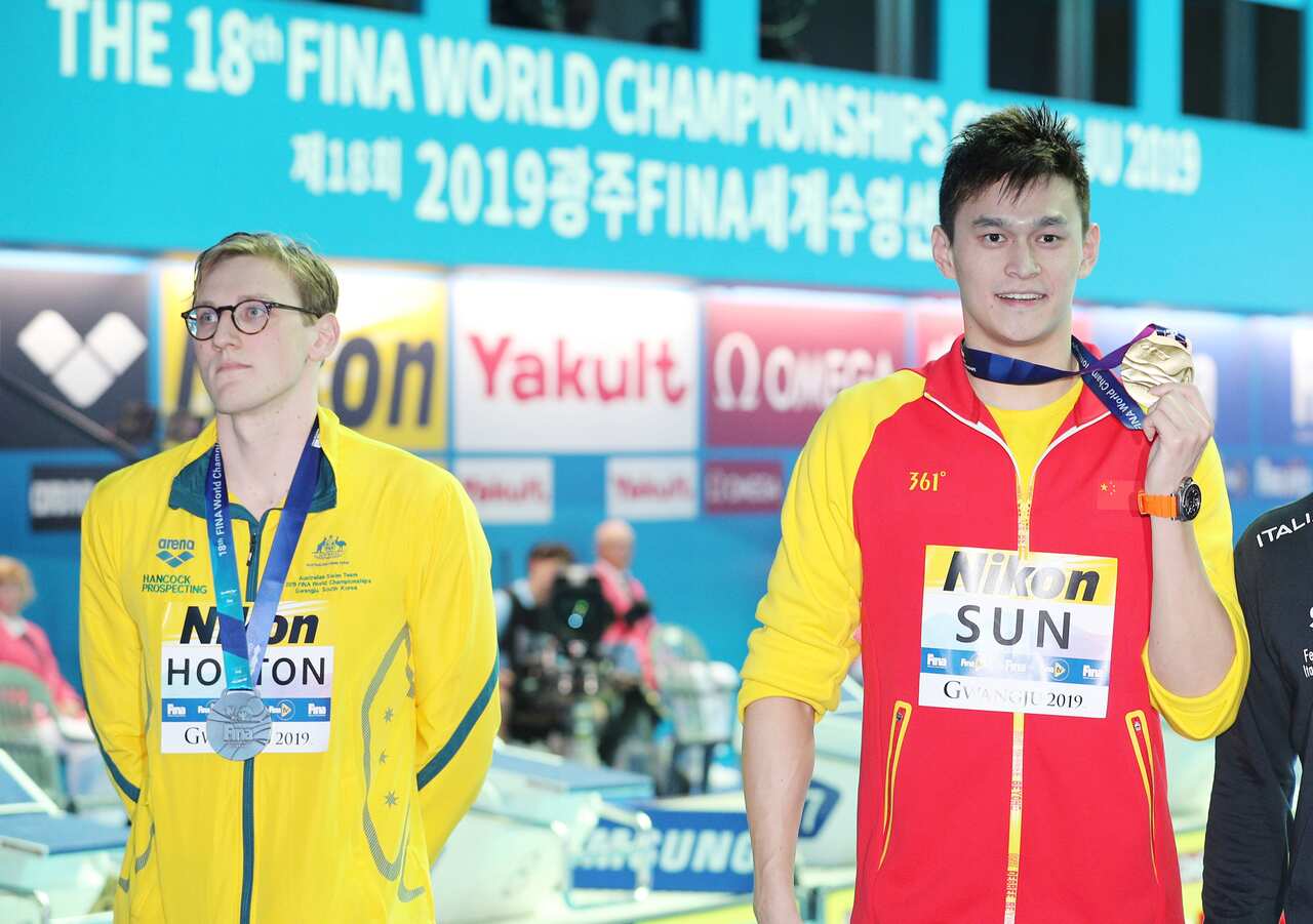 Mack Horton rejects taking a photo with Sun Yang of China during an awarding ceremony of the Men's 400m Freestyle at the FINA World Championships.