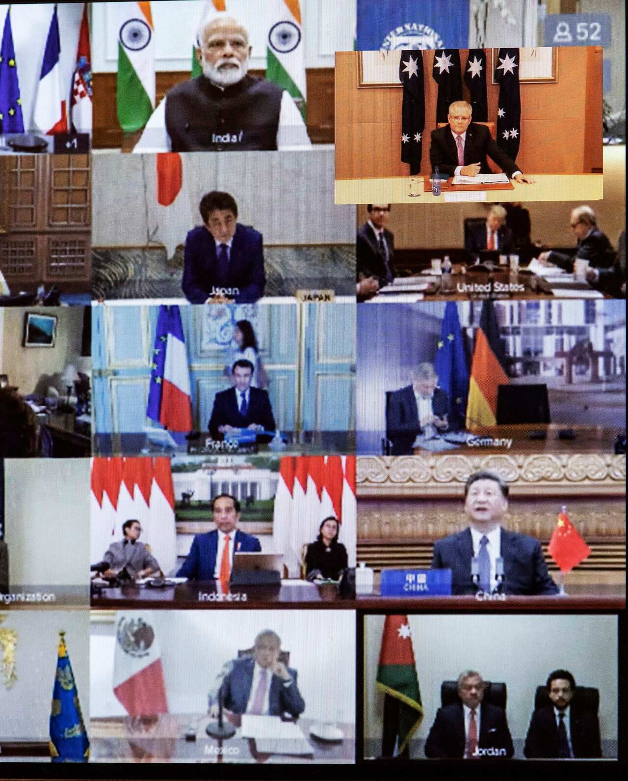 Shot of the screen where G20 leaders have a video conference meeting