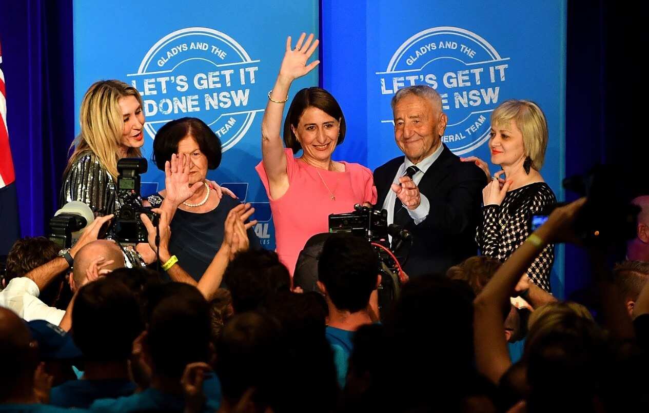 New South Wales Liberal leader Gladys Berejiklian celebrates with sister Mary (left) mother Arsha and father Krikorat and sister Rita the NSW Liberal party win.