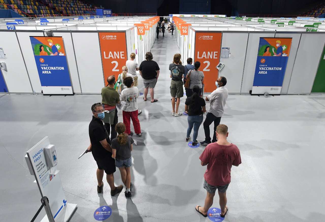 People at the Boondall mass vaccination hub in Brisbane on 18 September 2021.