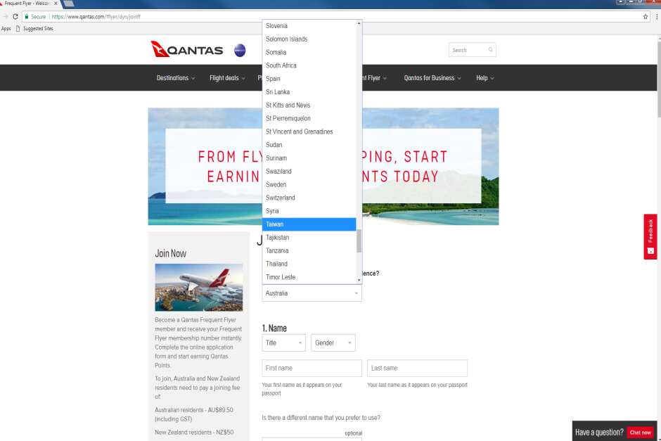 Qantas lists Taiwan as a country