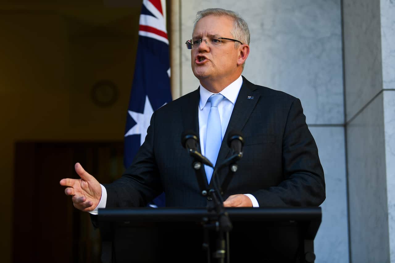 Prime Minister Scott Morrison speaks to the media during a press conference at Parliament House.