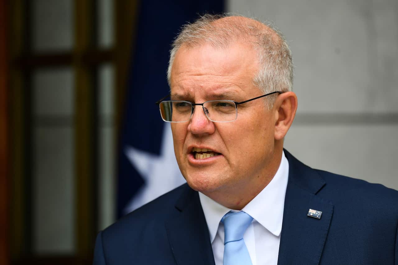 Prime Minister Scott Morrison speaks to the media during a press conference.