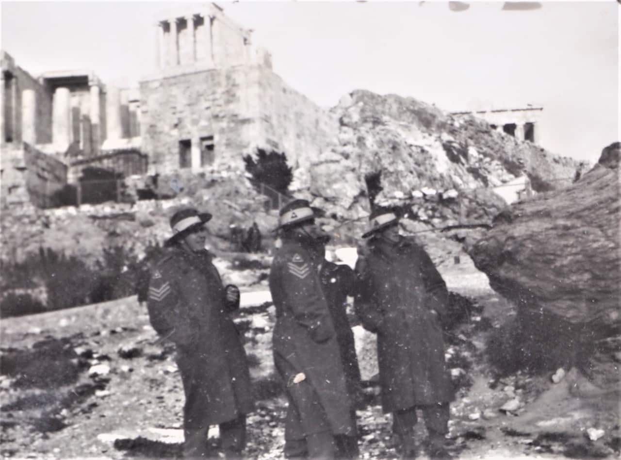 “Acropolis.” Three Australian soldiers (Alfred probably at right) at the Acropolis, Athens, March 1941.