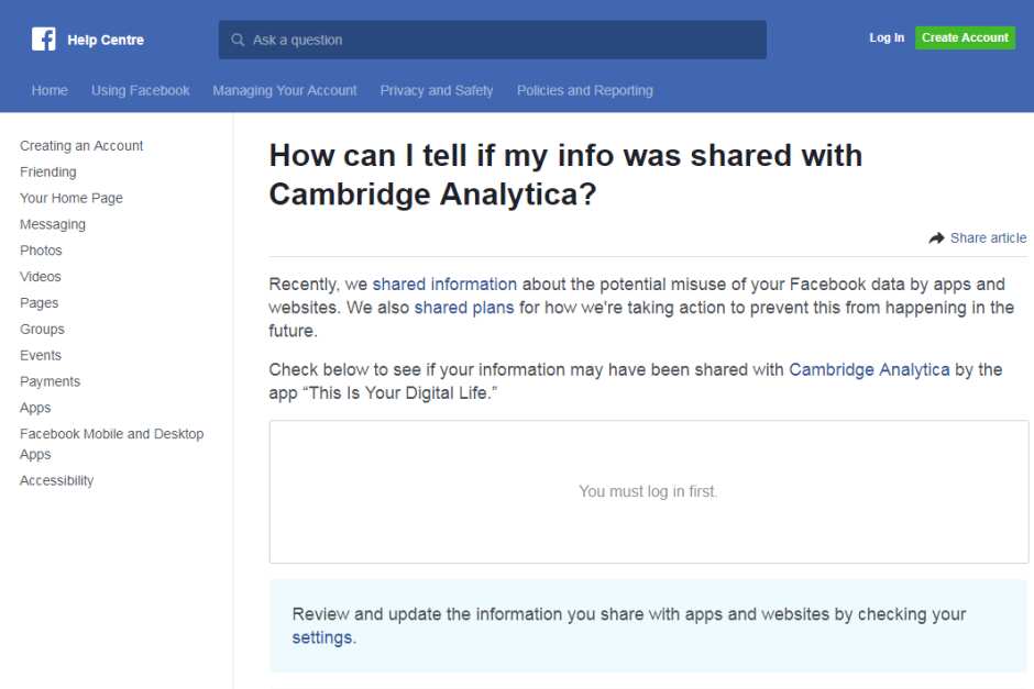 This Facebook help page will tell you if your data has been breached by Cambridge Analytica.