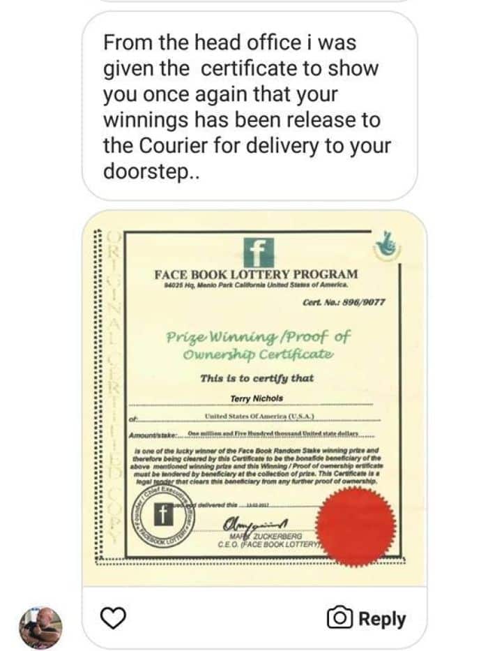 Facebook Lottery scam