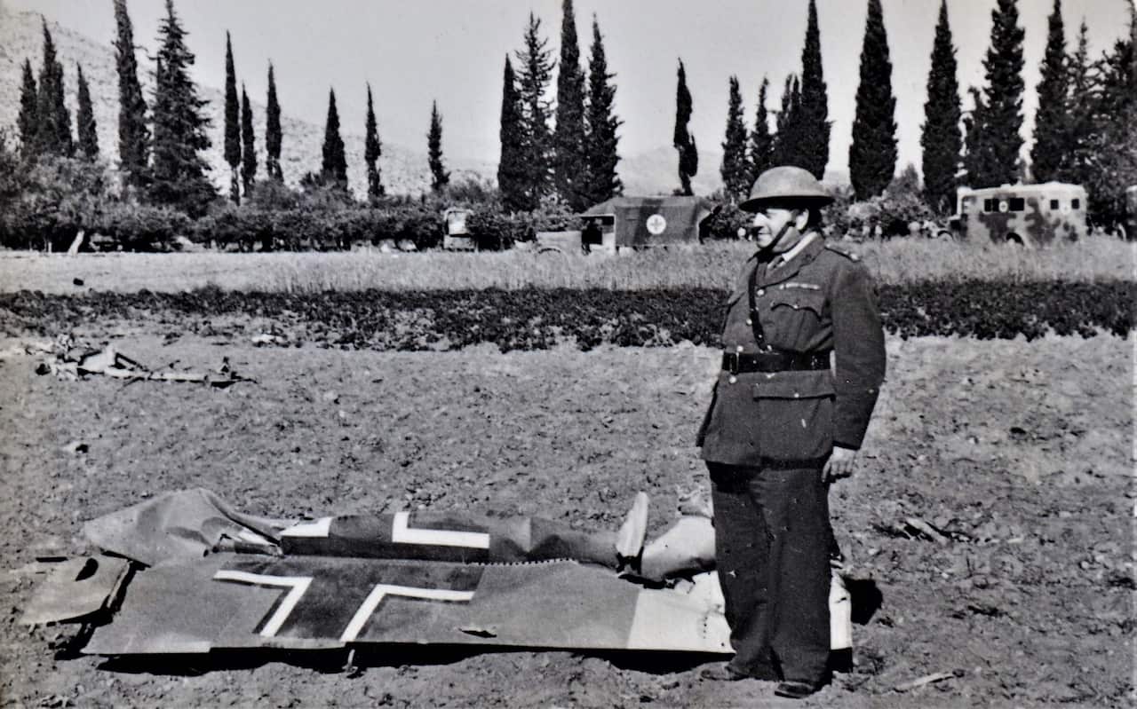 “Greece – Wreckage – Woman Pilot.” Remains of downed German plane at Nafplio, April 1941. 