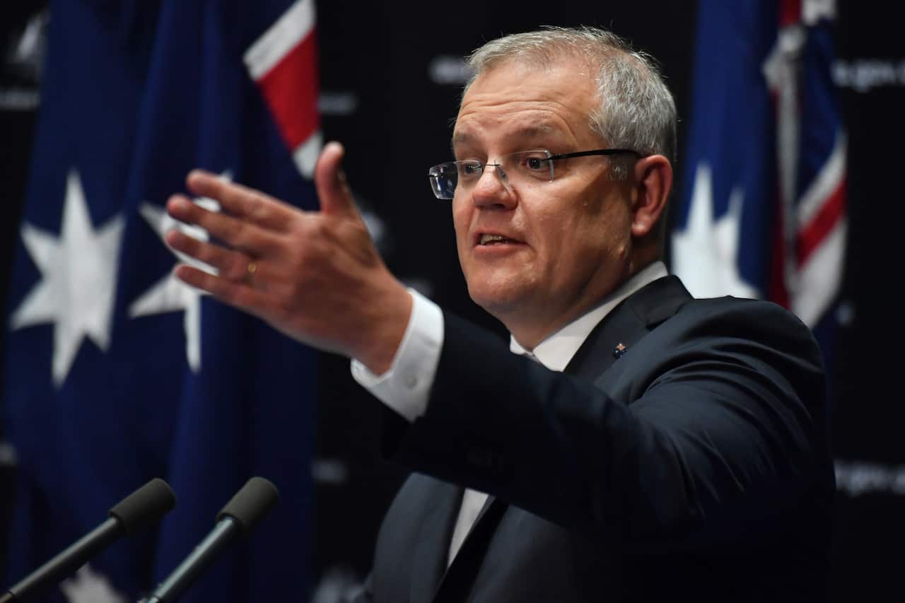 Prime Minister Scott Morrison gives a coronavirus update at Parliament House in Canberra.