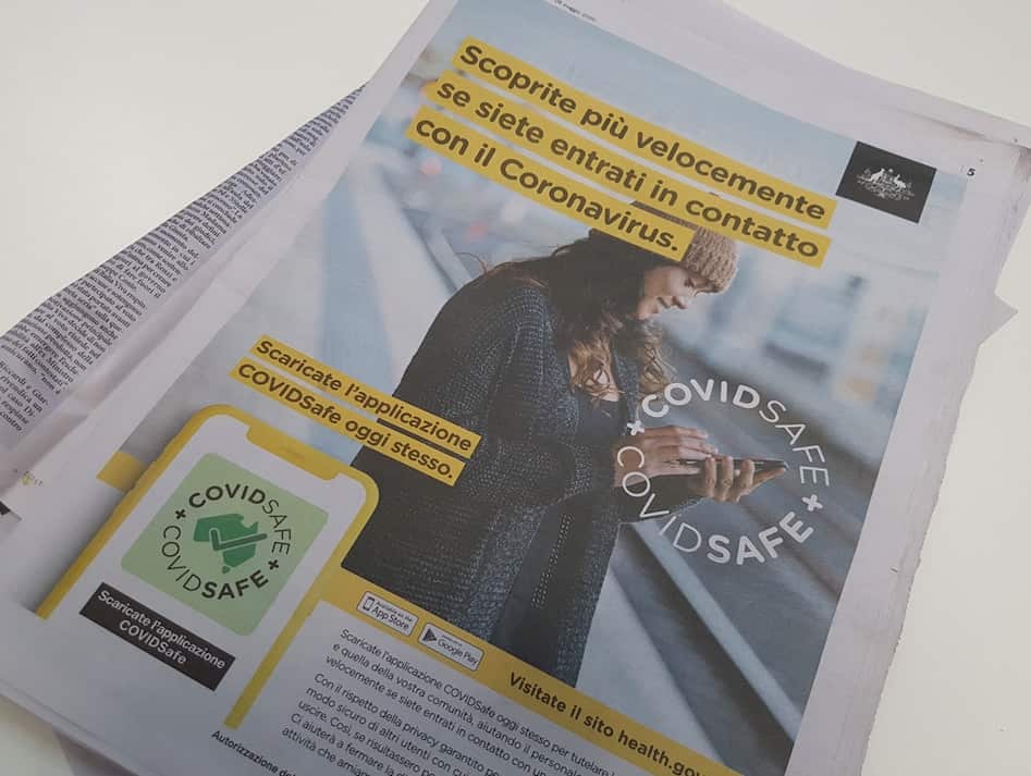 A COVIDSafe ad in La Fiamma.