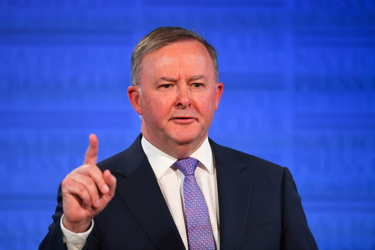 Opposition Leader Anthony Albanese speaks at the National Press Club in Canberra.
