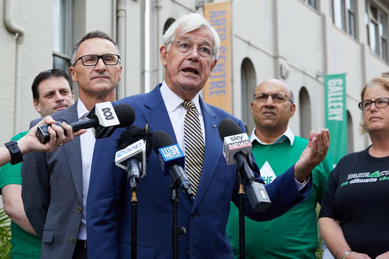 Greens candidate for Kooyong Julian Burnside speaks to the media.