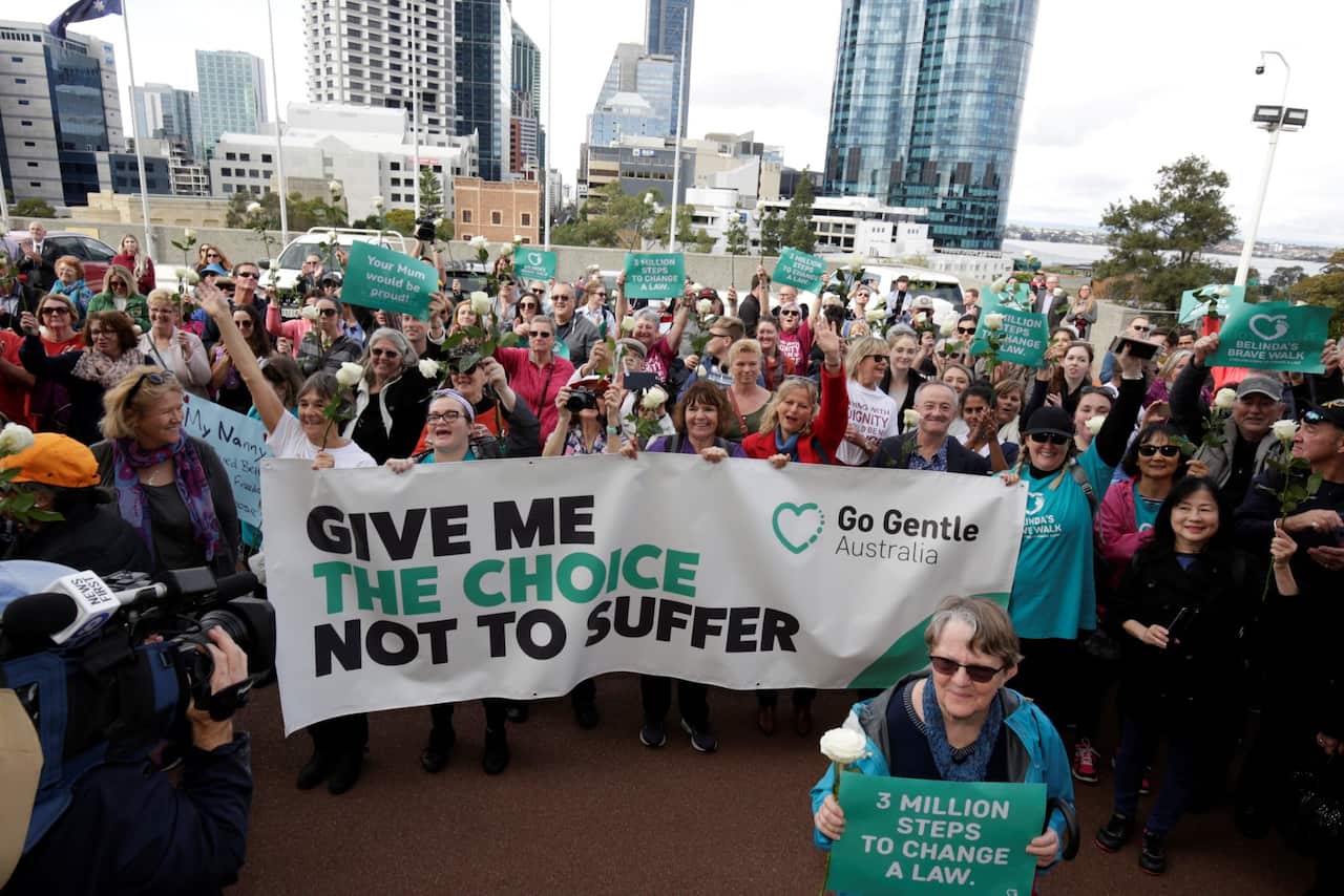People rally outside the WA parliament in support of proposed assisted dying laws 