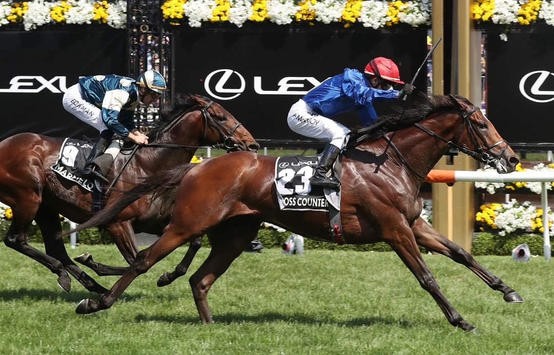 Cross Counter ridden by Jockey Kerrin McEvoy wins the 2018 Melbourne Cup at Flemington Racecourse in Melbourne, Tuesday, November 6, 2018. (AAP Image/Dave Crosling) NO ARCHIVING, EDITORIAL USE ONLY