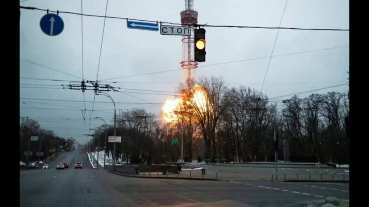 A blast is seen in the TV tower, amid Russia's invasion of Ukraine, in Kiev, Ukraine, 1 March, 2022.