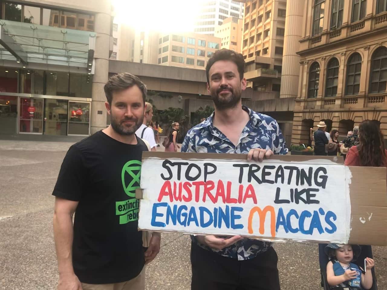 Gulligan, who attended the Sydney protest with his two-year-old daughter, and AJ, who is an organiser for Extinction Rebellion. 
