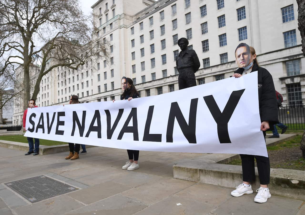 Supporters of Alexei Navalny stage a demonstration outside Downing Street in London, Britain, on 13 April.