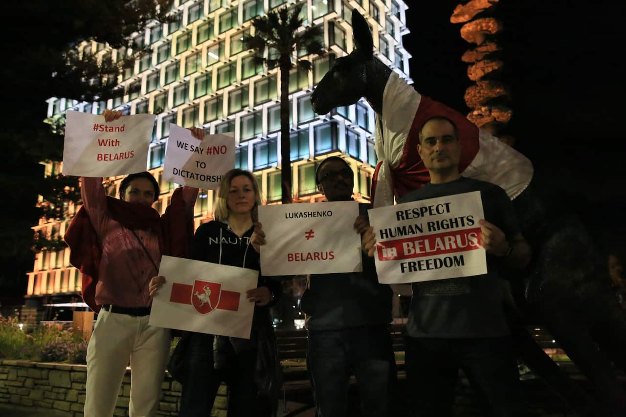 Members of the Belarusian community in Perth have been staging solidarity rallies. 